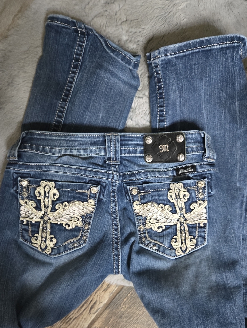 Embellished Blue Women’s Jeans with Metallic Cross Embroidery